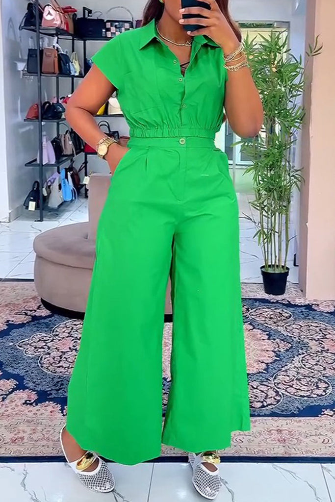Casual Daily Solid Color Buttons Turndown Collar Short Sleeve Two Pieces