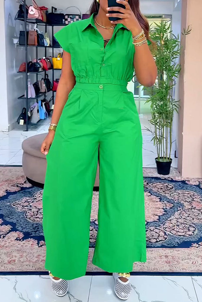 Casual Daily Solid Color Buttons Turndown Collar Short Sleeve Two Pieces