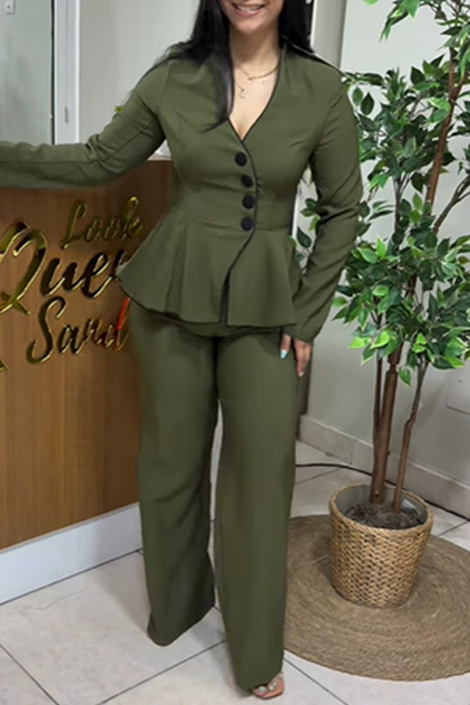 Casual Daily Solid Color Buttons V Neck Long Sleeve Two Pieces
