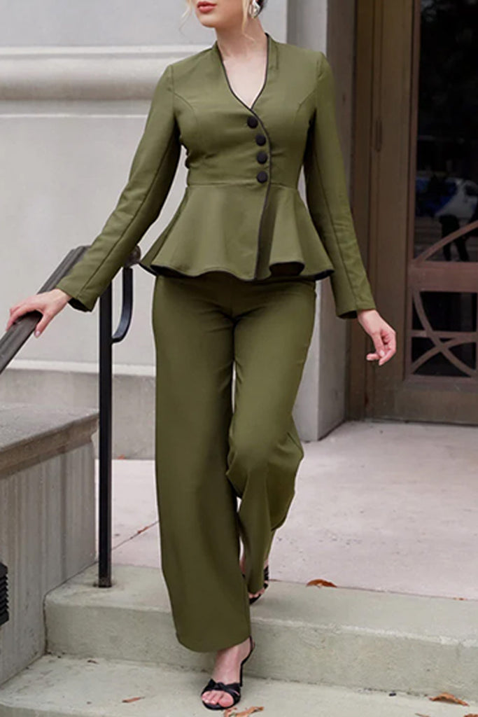 Casual Daily Solid Color Buttons V Neck Long Sleeve Two Pieces