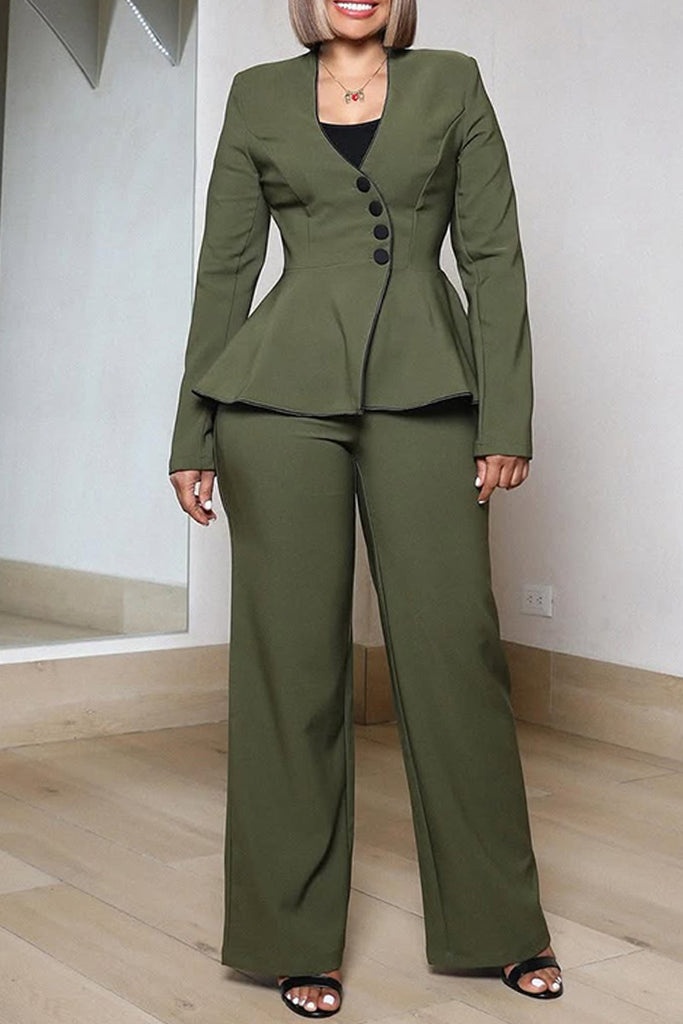 Casual Daily Solid Color Buttons V Neck Long Sleeve Two Pieces