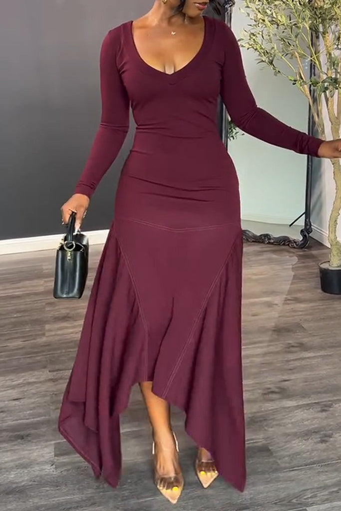 Sexy Daily Elegant Solid Color Irregular Hem V Neck Long Dresses