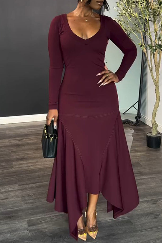 Sexy Daily Elegant Solid Color Irregular Hem V Neck Long Dresses