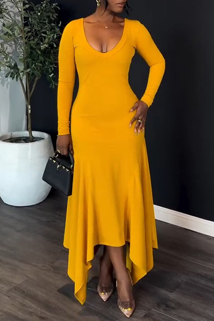 Sexy Daily Elegant Solid Color Irregular Hem V Neck Long Dresses
