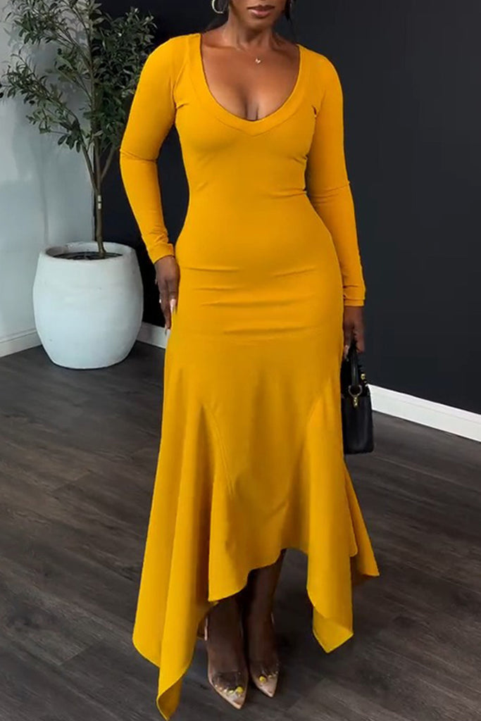 Sexy Daily Elegant Solid Color Irregular Hem V Neck Long Dresses