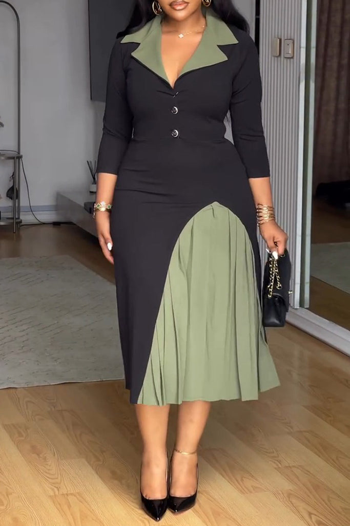 Casual Daily Patchwork Buttons Contrast Turndown Collar Long Dresses