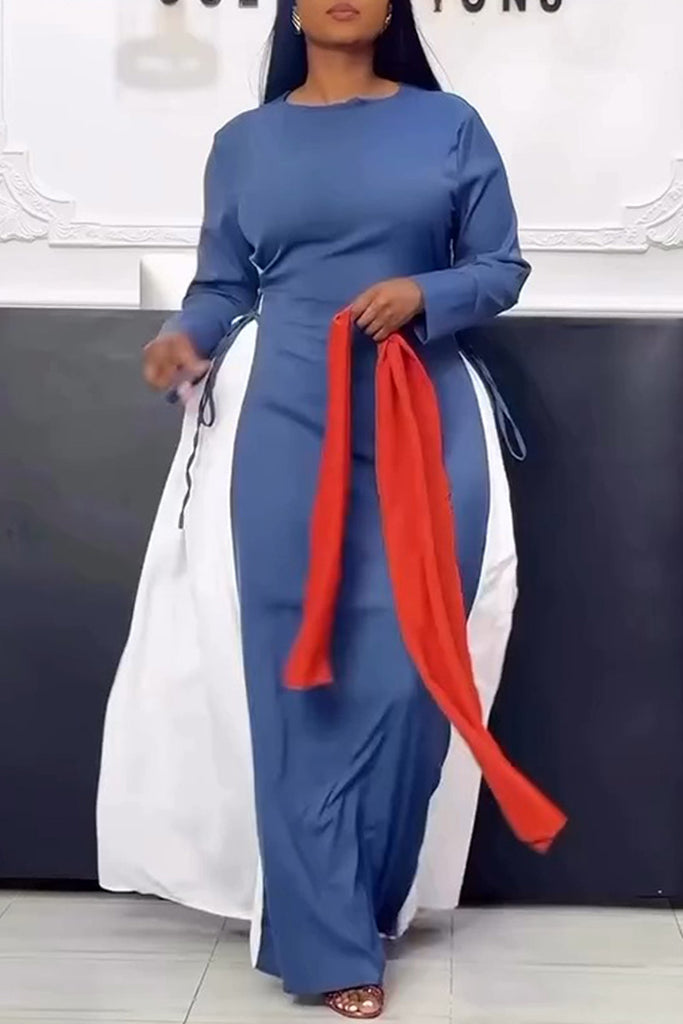 Casual Daily Patchwork Belted Contrast O Neck Long Dresses
