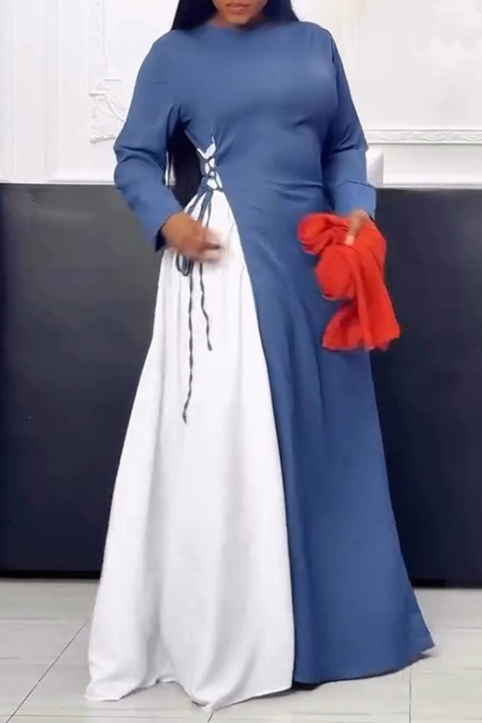 Casual Daily Patchwork Belted Contrast O Neck Long Dresses