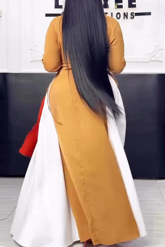 Casual Daily Patchwork Belted Contrast O Neck Long Dresses