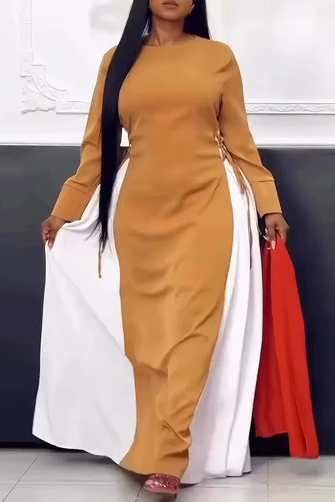 Casual Daily Patchwork Belted Contrast O Neck Long Dresses