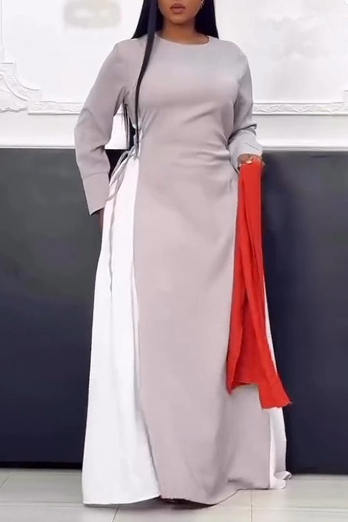 Casual Daily Patchwork Belted Contrast O Neck Long Dresses