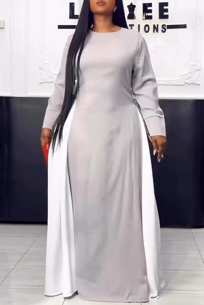 Casual Daily Patchwork Belted Contrast O Neck Long Dresses