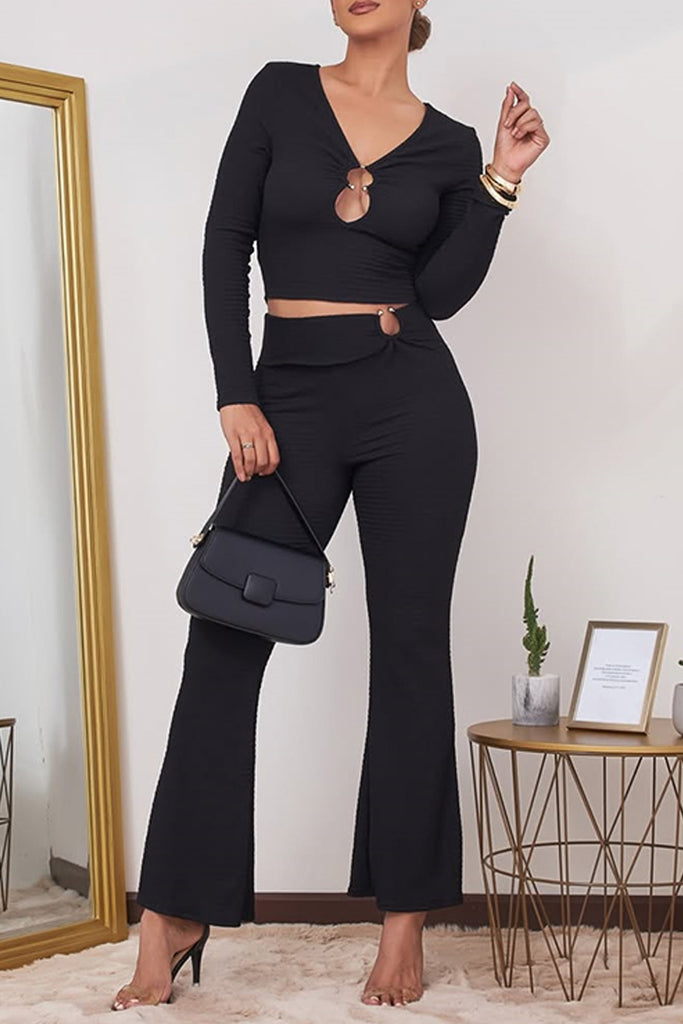 Casual Daily Solid Color Hollow Out Metal Accessories Trim V Neck Long Sleeve Two Pieces