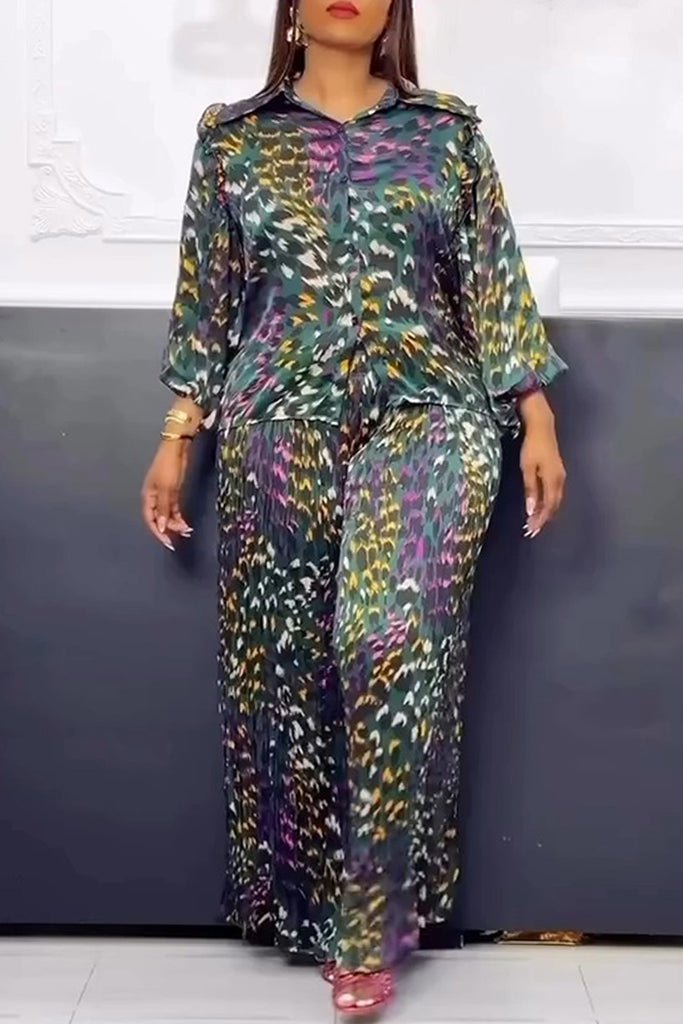 Casual Daily Print Buttons Turndown Collar Three Quarter Two Pieces