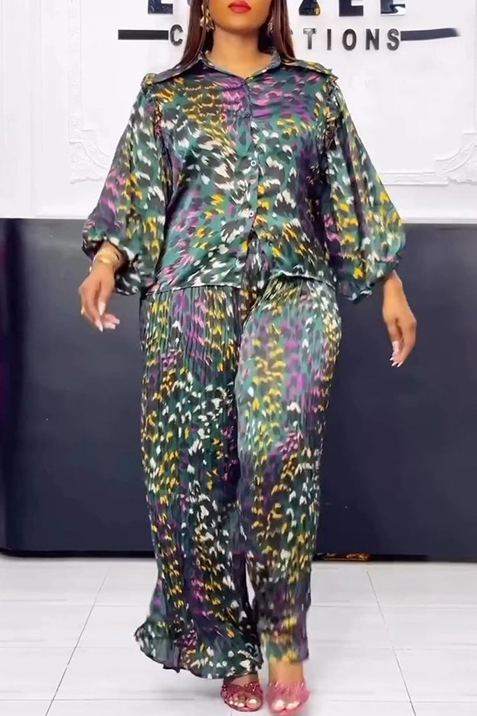 Casual Daily Print Buttons Turndown Collar Three Quarter Two Pieces