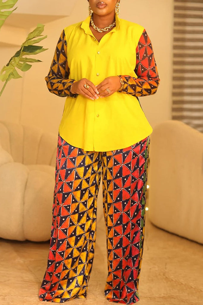 Casual Daily Print Buttons Patchwork Turndown Collar Long Sleeve Two Pieces
