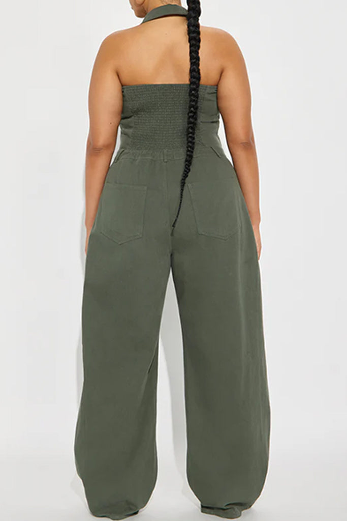 Sexy Casual Solid Color Buttons Backless Halter Regular Jumpsuits