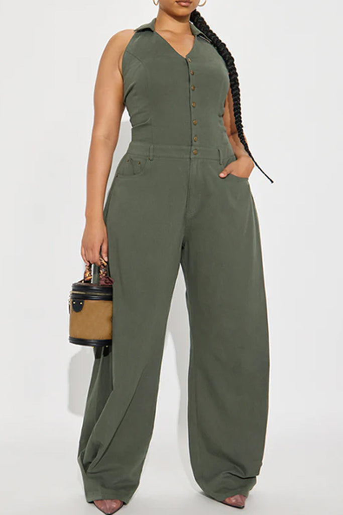 Sexy Casual Solid Color Buttons Backless Halter Regular Jumpsuits