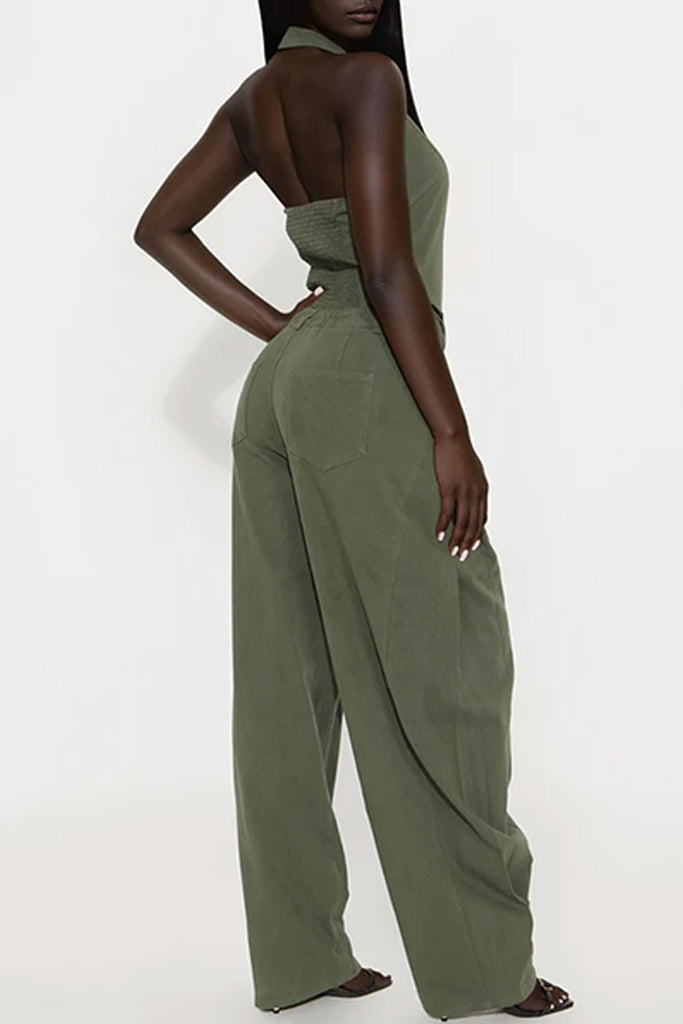 Sexy Casual Solid Color Buttons Backless Halter Regular Jumpsuits