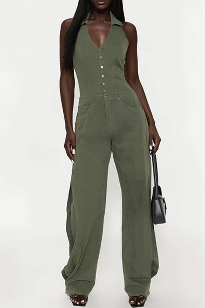Sexy Casual Solid Color Buttons Backless Halter Regular Jumpsuits