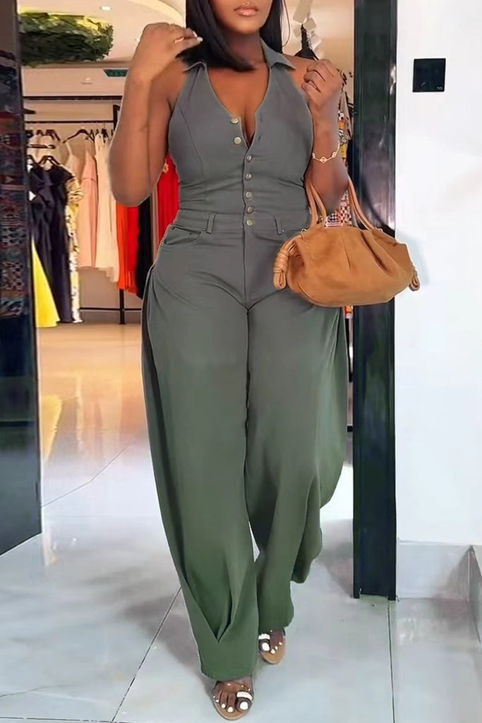 Sexy Casual Solid Color Buttons Backless Halter Regular Jumpsuits