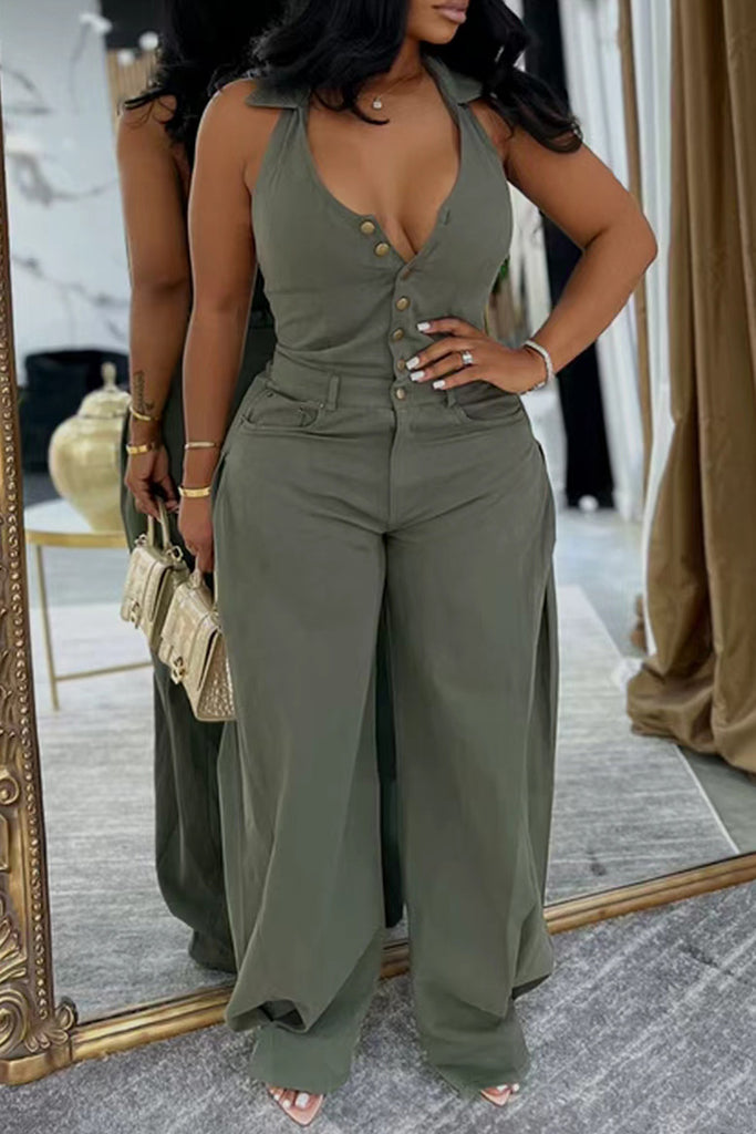 Sexy Casual Solid Color Buttons Backless Halter Regular Jumpsuits