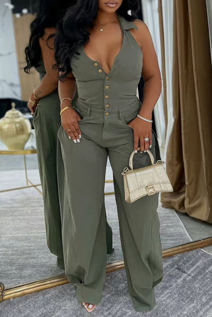 Sexy Casual Solid Color Buttons Backless Halter Regular Jumpsuits