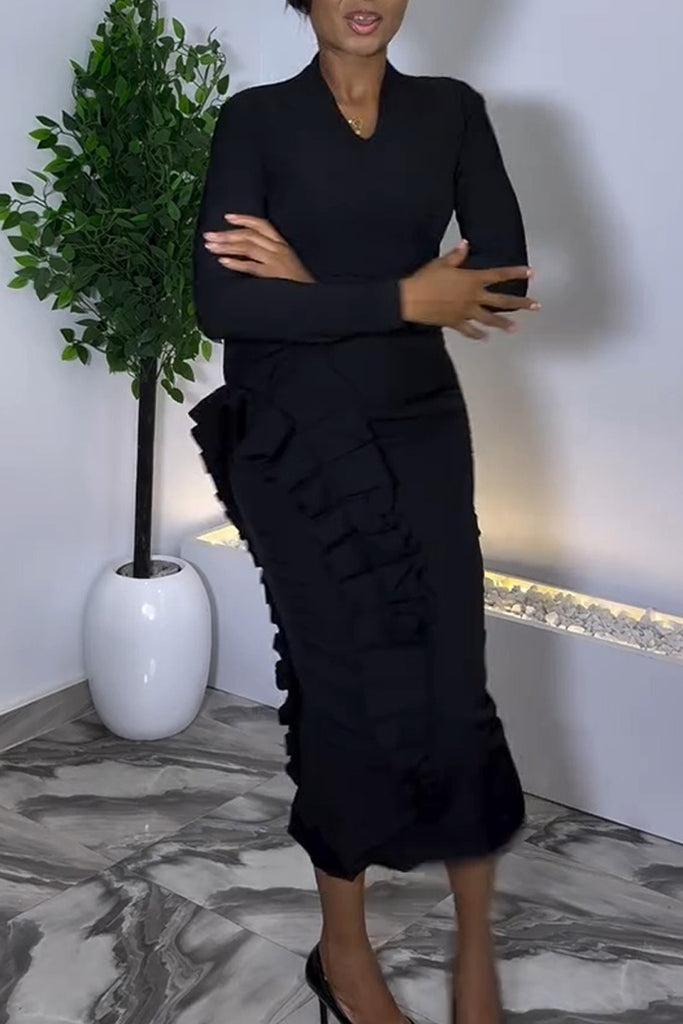 Casual Daily Elegant Solid Color Patchwork V Neck Long Sleeve Dresses