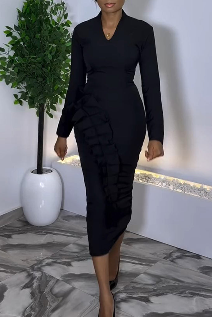 Casual Daily Elegant Solid Color Patchwork V Neck Long Sleeve Dresses