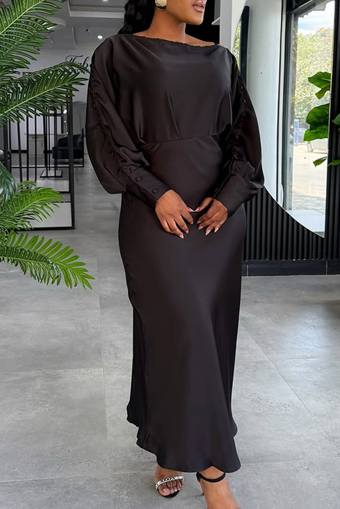 Casual Daily Solid Color Buttons O Neck Long Dresses