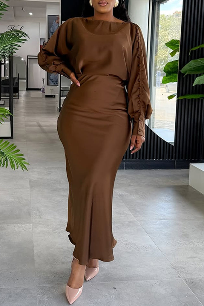 Casual Daily Solid Color Buttons O Neck Long Dresses