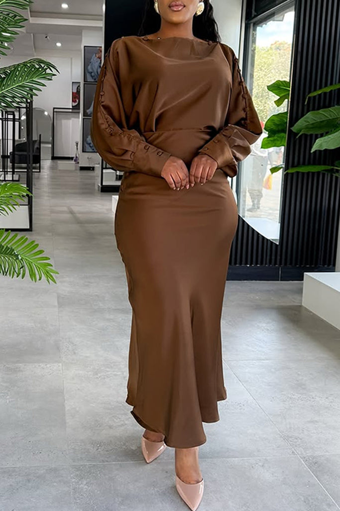 Casual Daily Solid Color Buttons O Neck Long Dresses