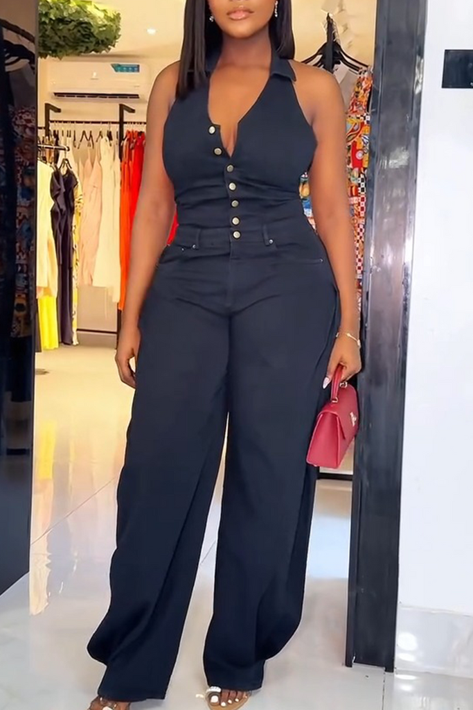 Sexy Casual Solid Color Buttons Backless Halter Regular Jumpsuits