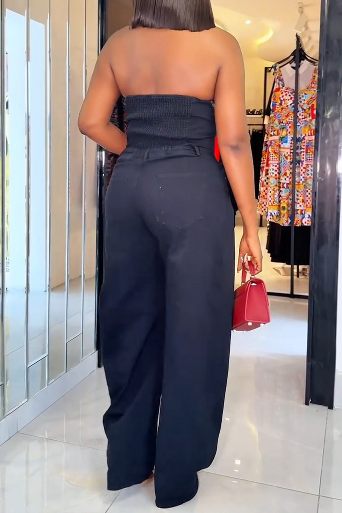 Sexy Casual Solid Color Buttons Backless Halter Regular Jumpsuits