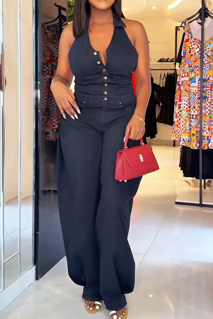 Sexy Casual Solid Color Buttons Backless Halter Regular Jumpsuits