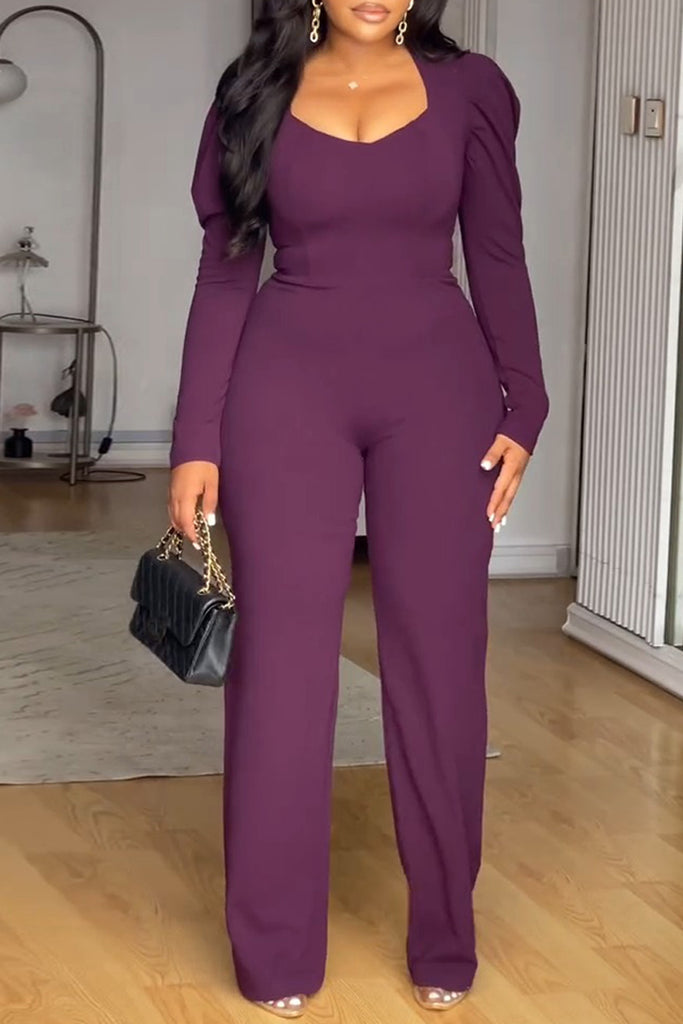 Daily Elegant Solid Color Zipper U Neck Regular Jumpsuits