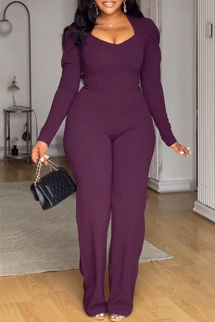Daily Elegant Solid Color Zipper U Neck Regular Jumpsuits