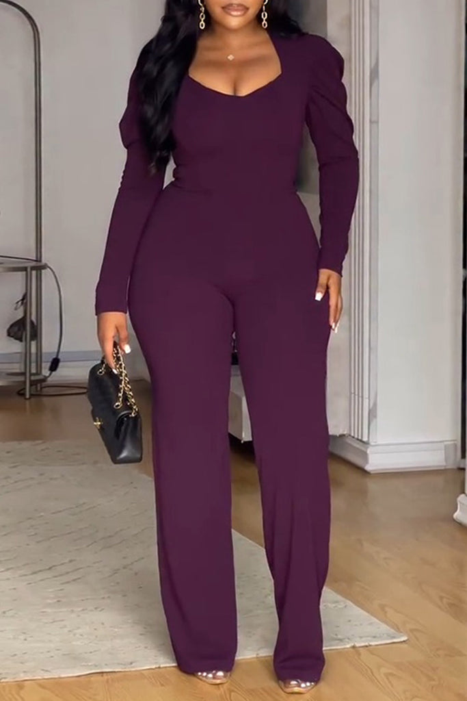 Daily Elegant Solid Color Zipper U Neck Regular Jumpsuits