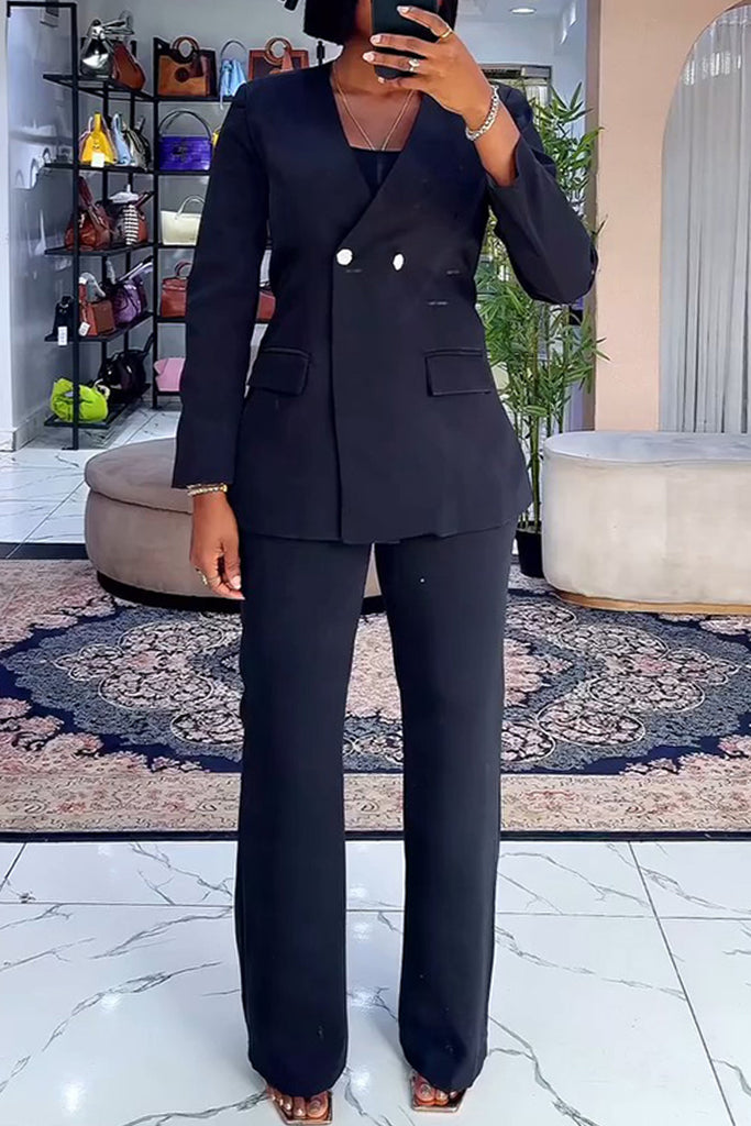 Casual Business Wear Daily Solid Color Buttons Slit V Neck Long Sleeve Two Pieces