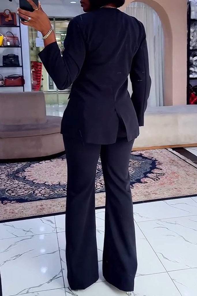 Casual Business Wear Daily Solid Color Buttons Slit V Neck Long Sleeve Two Pieces