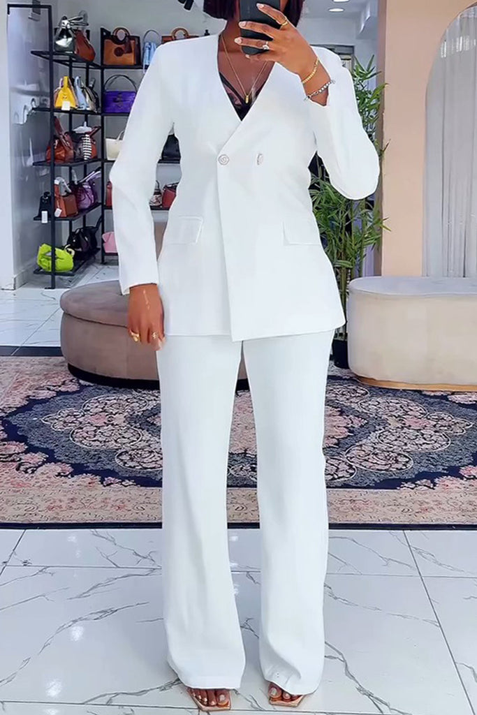 Casual Business Wear Daily Solid Color Buttons Slit V Neck Long Sleeve Two Pieces