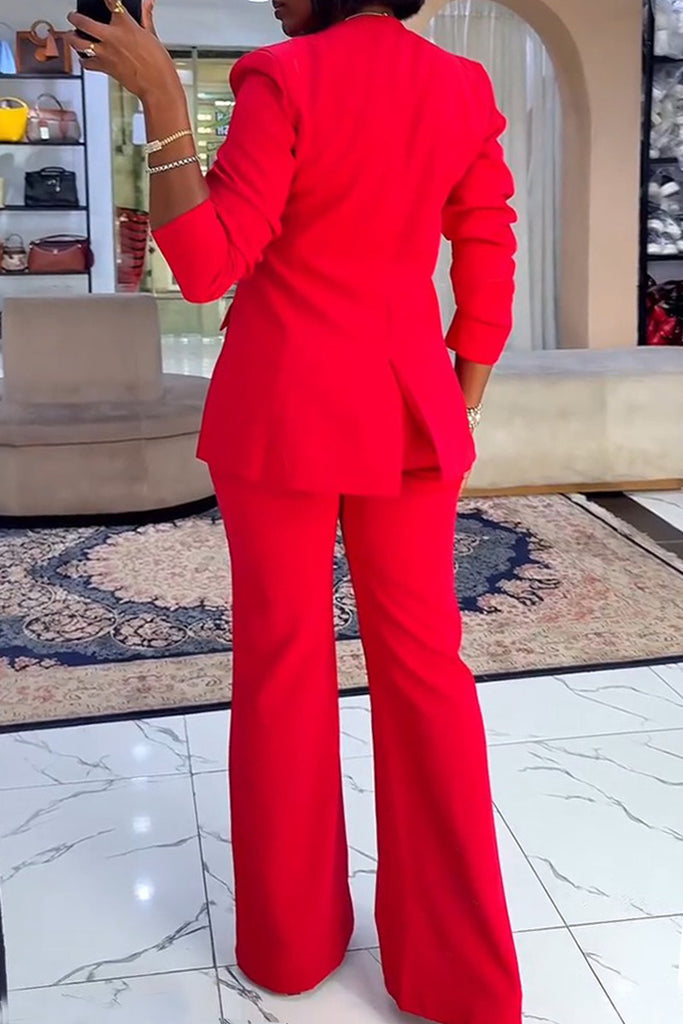 Casual Business Wear Daily Solid Color Buttons Slit V Neck Long Sleeve Two Pieces