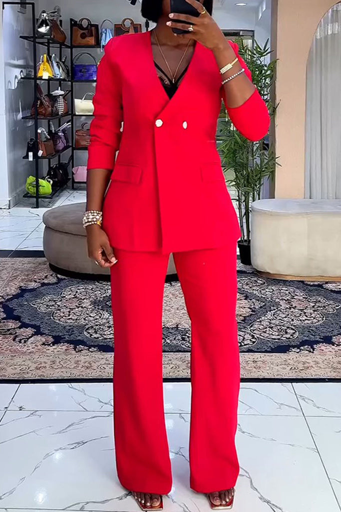 Casual Business Wear Daily Solid Color Buttons Slit V Neck Long Sleeve Two Pieces