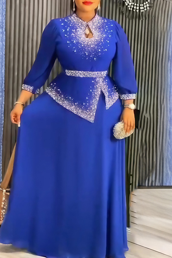 Elegant Solid Color Hot Drill O Neck Long Plus Size Dresses