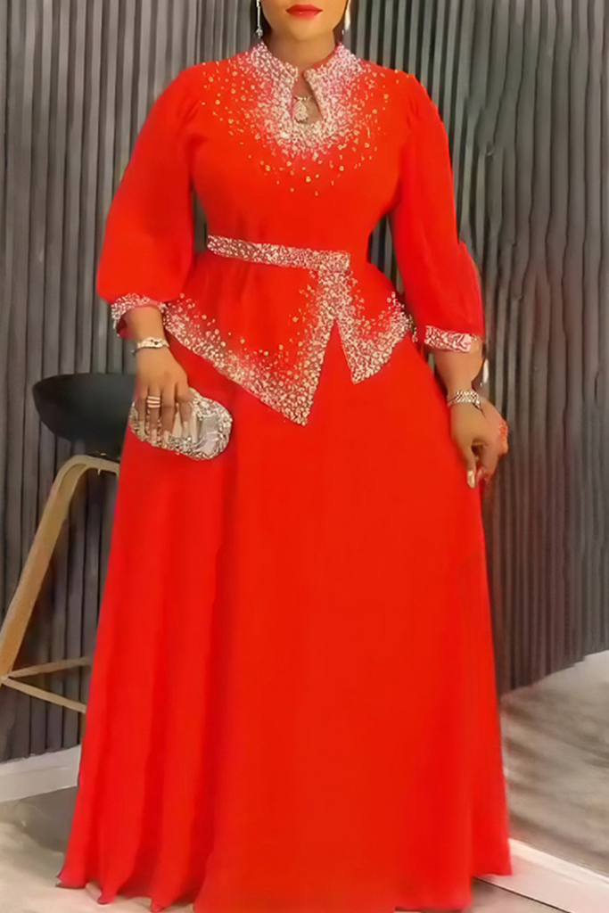 Elegant Solid Color Hot Drill O Neck Long Plus Size Dresses