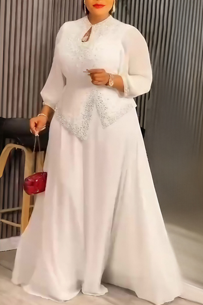 Elegant Solid Color Hot Drill O Neck Long Plus Size Dresses