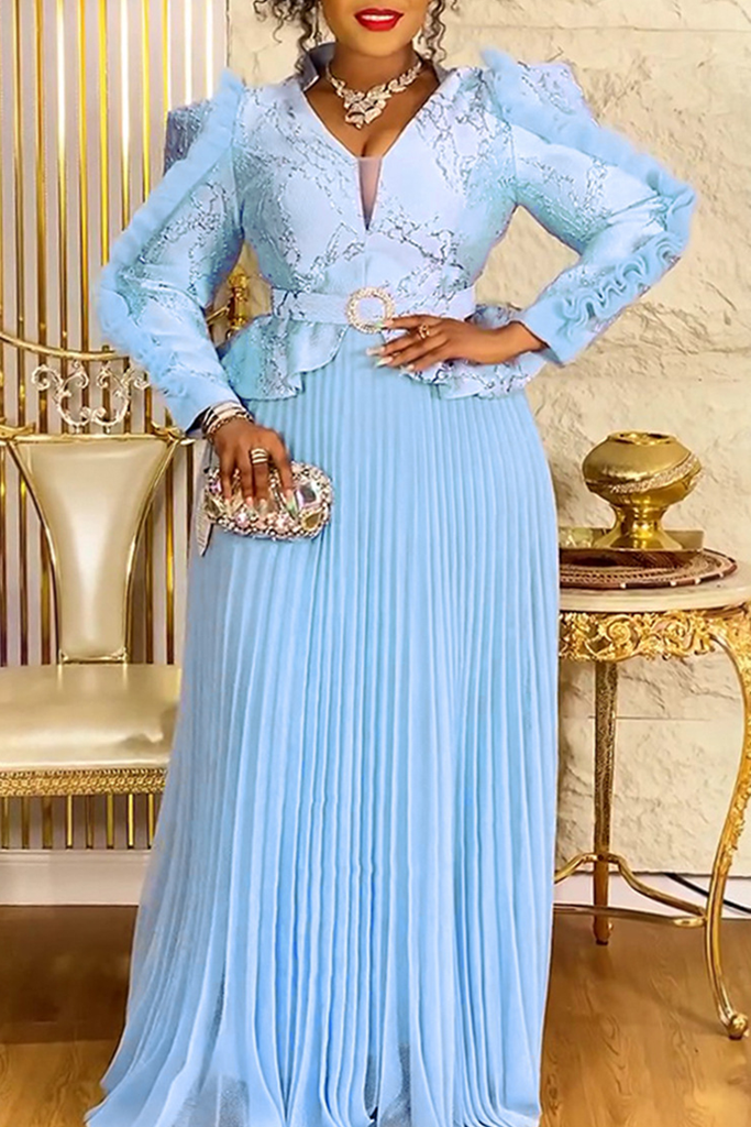 Solid Color Pleated O Neck Long Plus Size Dresses