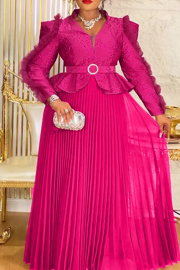Solid Color Pleated O Neck Long Plus Size Dresses