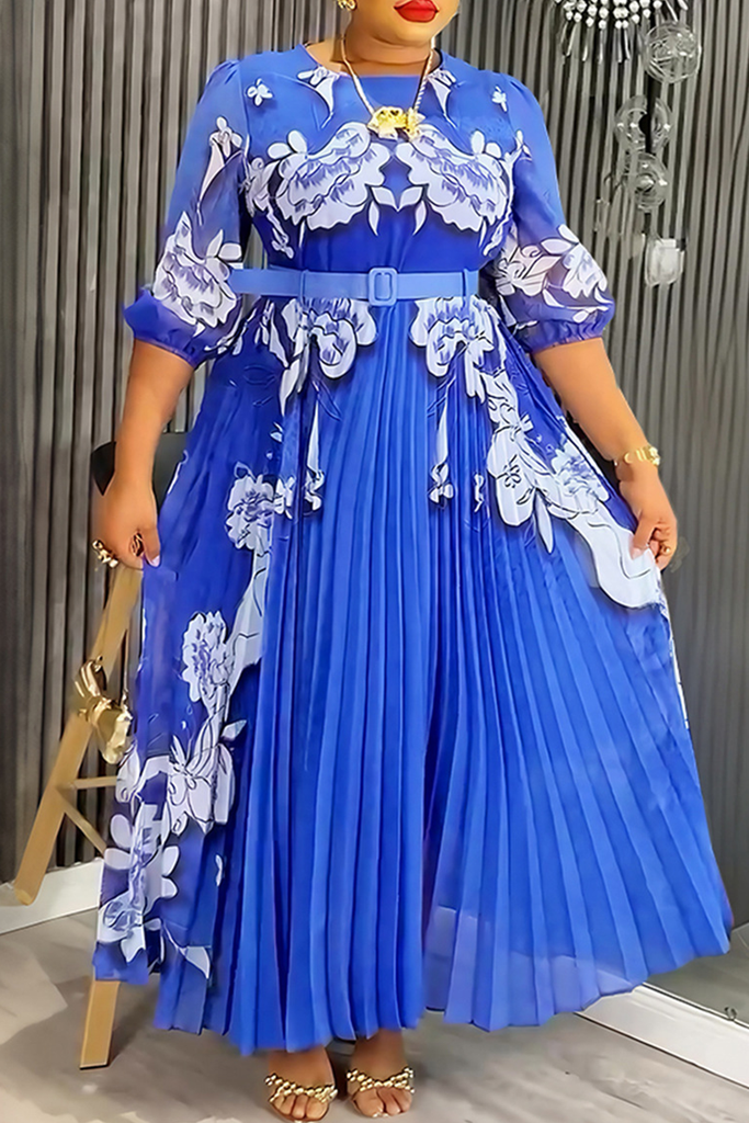 Elegant Flowers Pleated O Neck Long Plus Size Dresses