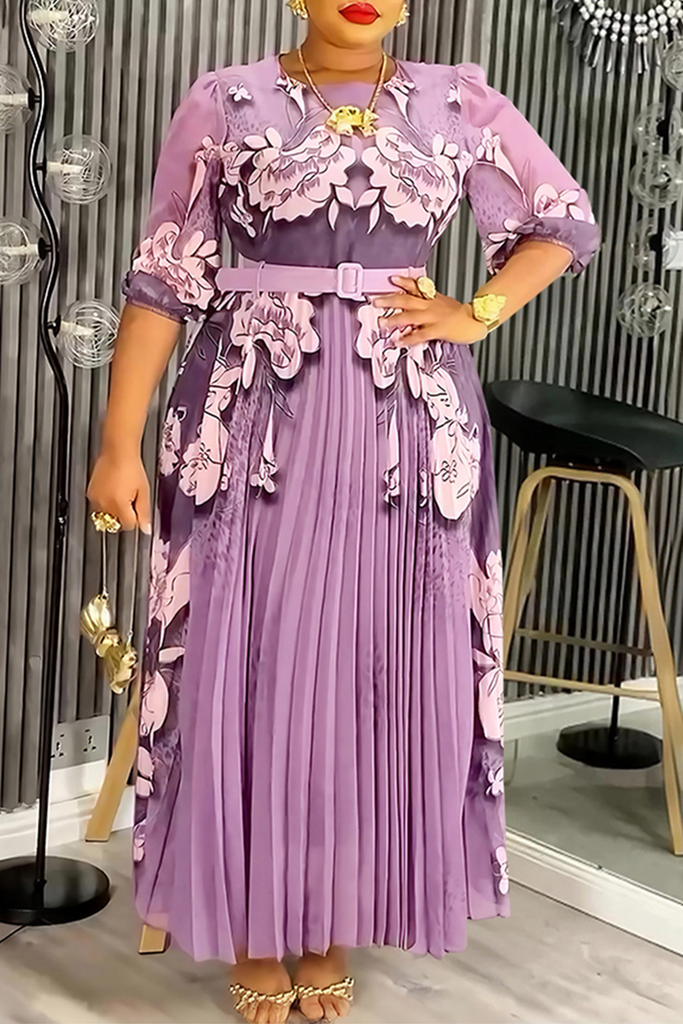 Elegant Flowers Pleated O Neck Long Plus Size Dresses